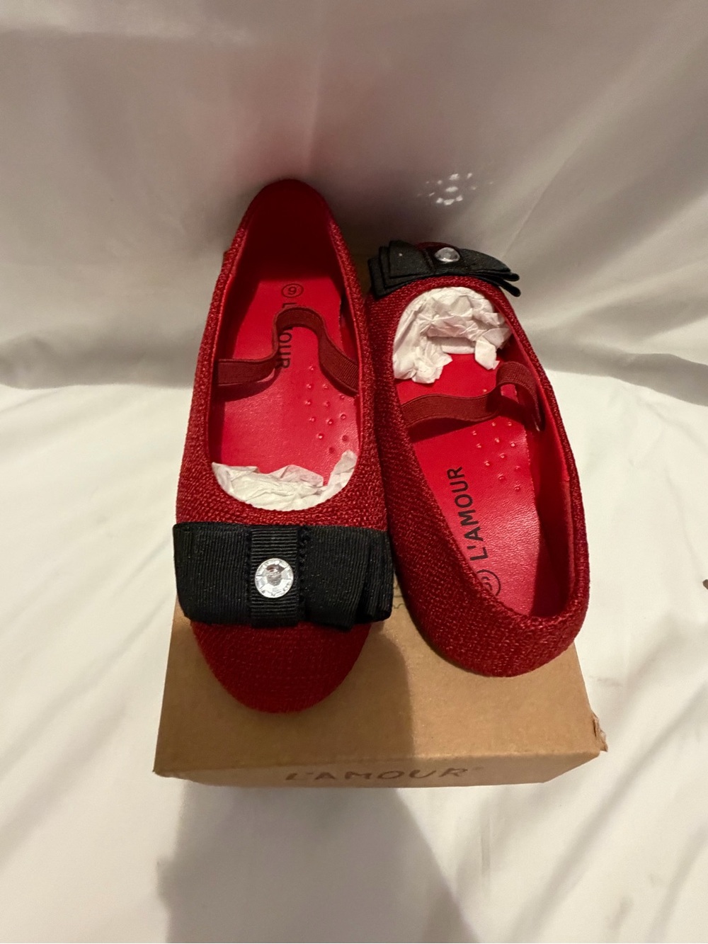 NWT LAmour Red Tweed Ballet Flat Black Bow Toddler Size 9Mary Jane